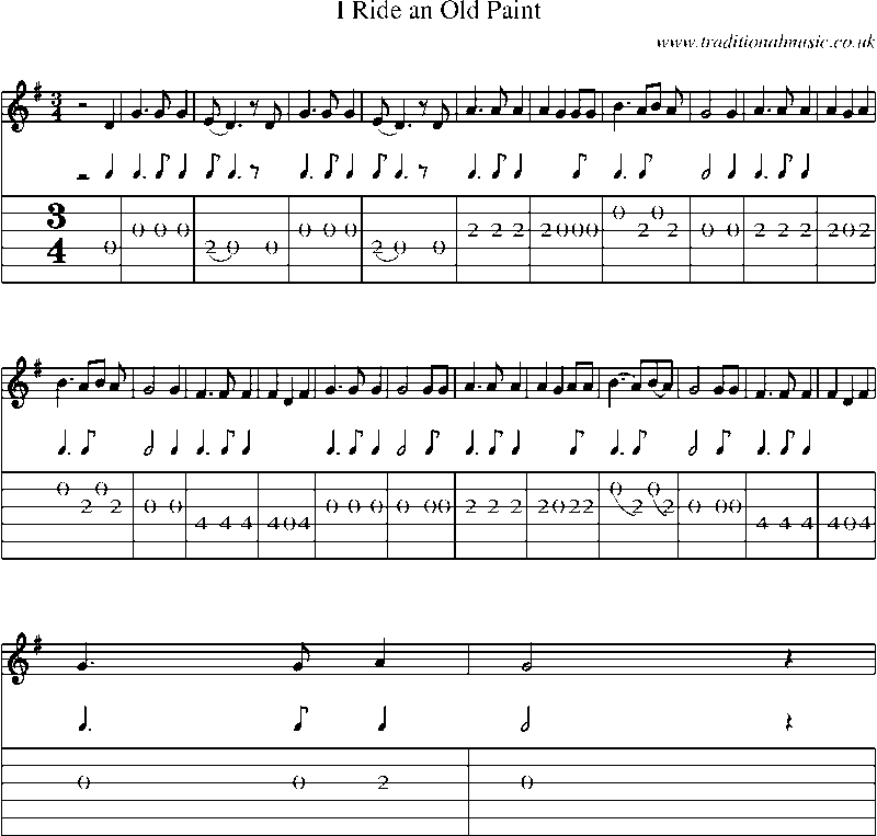 Guitar Tab and Sheet Music for I Ride An Old Paint