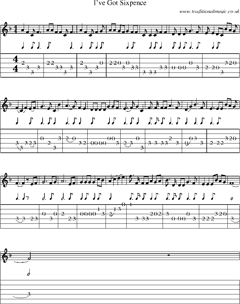 Guitar Tab and Sheet Music for I've Got Sixpence