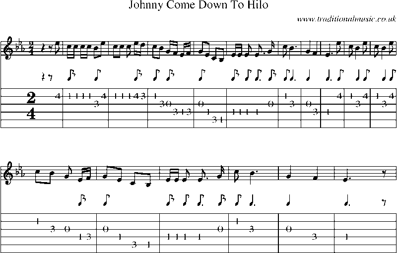 Guitar Tab and Sheet Music for Johnny Come Down To Hilo