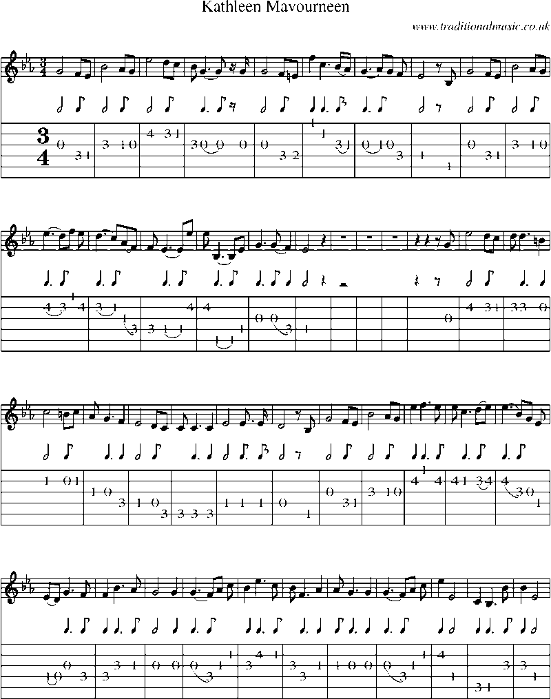 Guitar Tab and Sheet Music for Kathleen Mavourneen