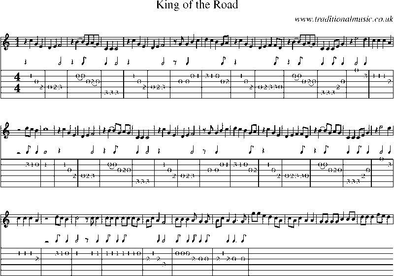 Guitar Tab and Sheet Music for King Of The Road