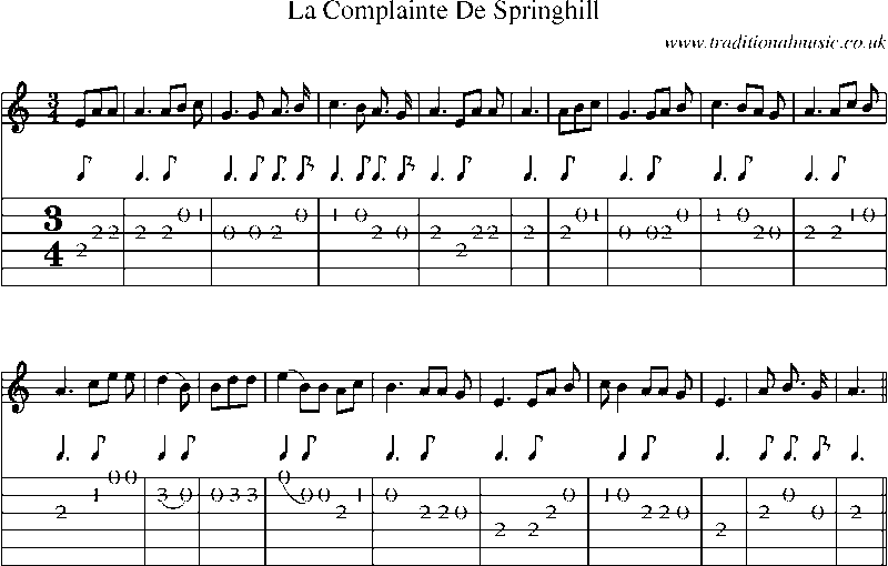 Guitar Tab and Sheet Music for La Complainte De Springhill