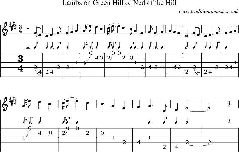 Guitar Tab and Sheet Music for Lambs On Green Hill Or Ned Of The Hill