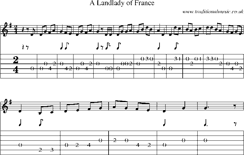 Guitar Tab and Sheet Music for A Landlady Of France