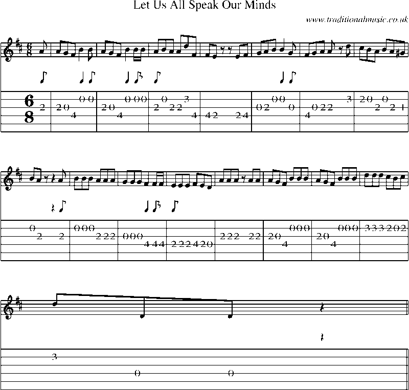 Guitar Tab and Sheet Music for Let Us All Speak Our Minds