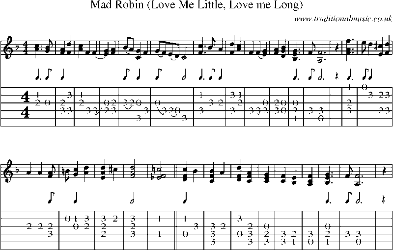 Guitar Tab and Sheet Music for Mad Robin (love Me Little, Love Me Long)