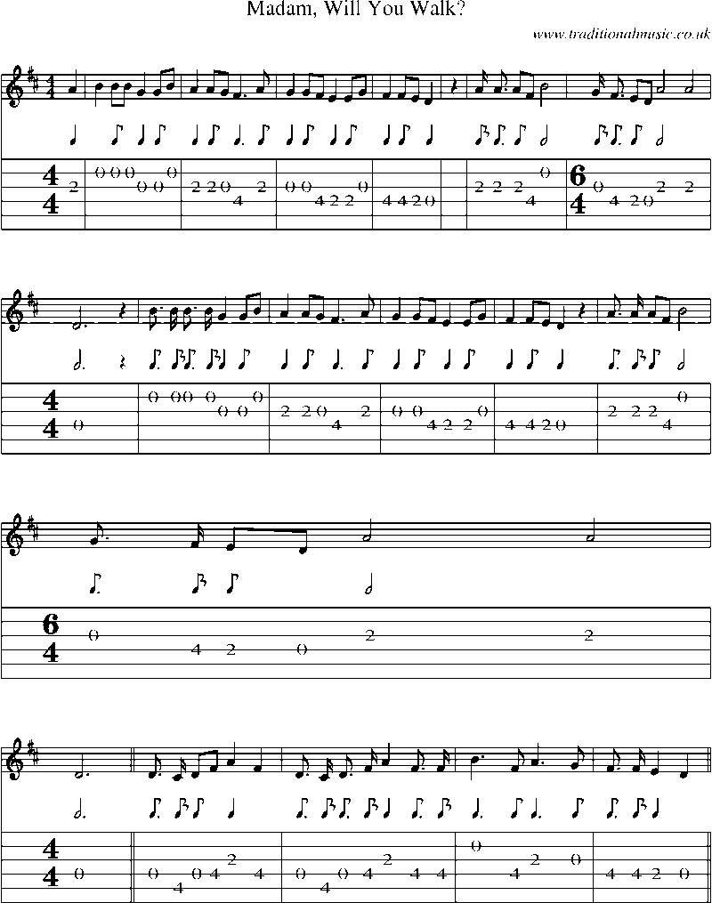 Guitar Tab and Sheet Music for Madam, Will You Walk?
