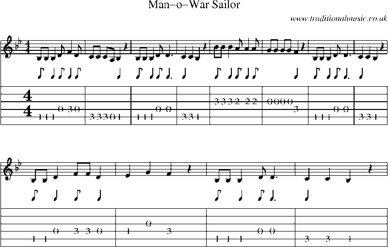 Guitar Tab and Sheet Music for Man-o-war Sailor