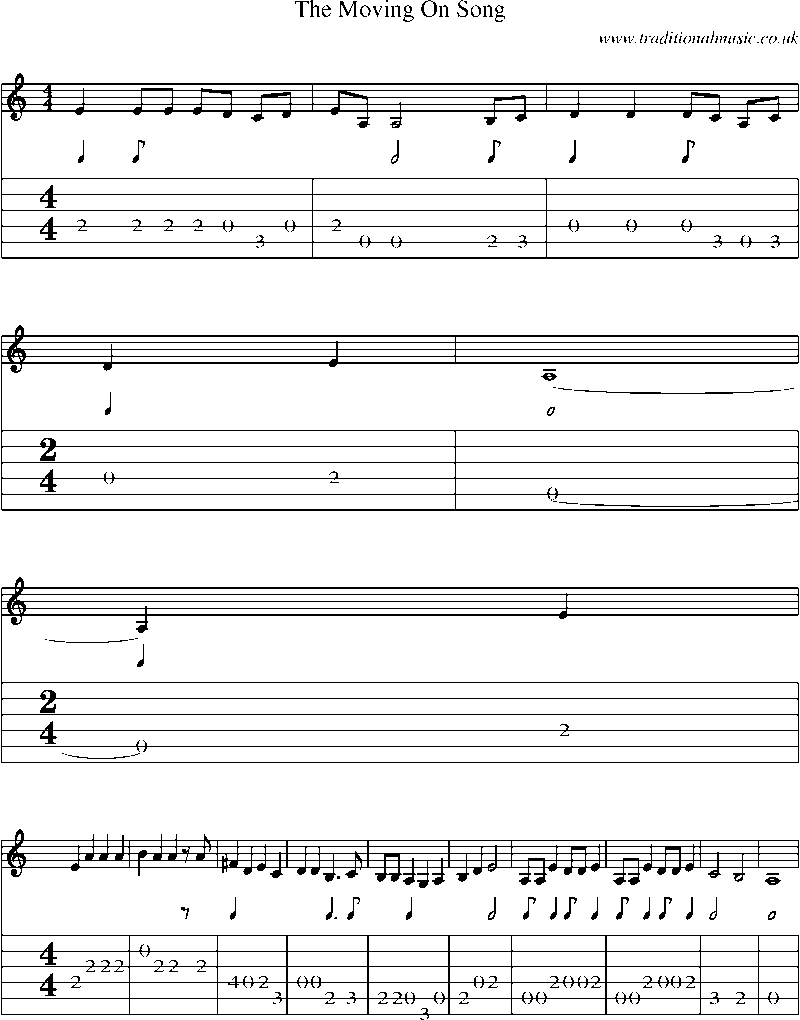 Guitar Tab and Sheet Music for The Moving On Song