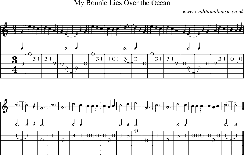 Guitar Tab and Sheet Music for My Bonnie Lies Over The Ocean