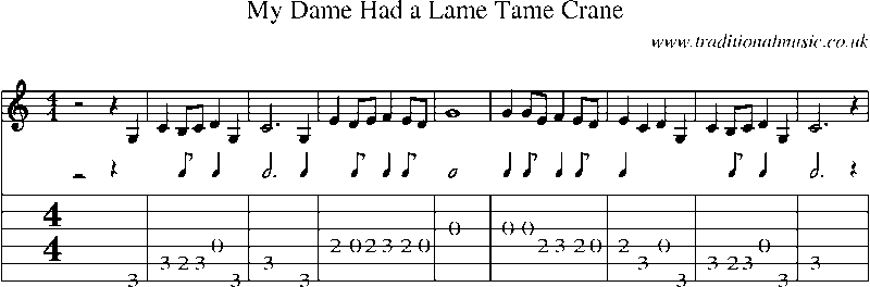 Guitar Tab and Sheet Music for My Dame Had A Lame Tame Crane