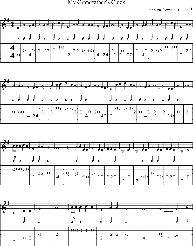 Guitar Tab and Sheet Music for My Grandfather's Clock