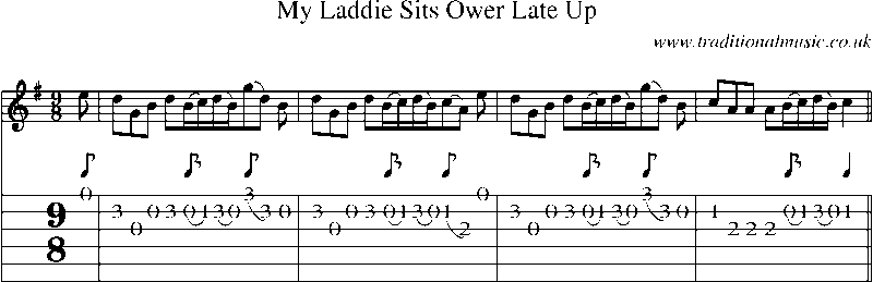 Guitar Tab and Sheet Music for My Laddie Sits Ower Late Up