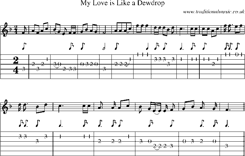 Guitar Tab and Sheet Music for My Love Is Like A Dewdrop