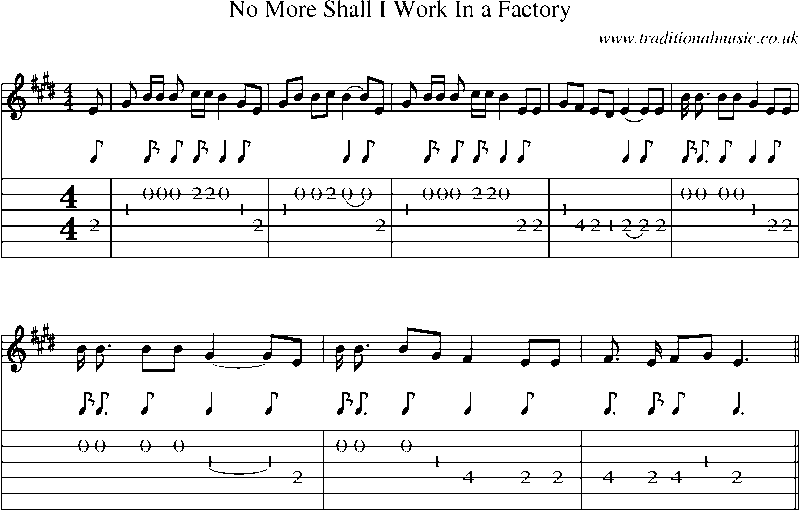 Guitar Tab and Sheet Music for No More Shall I Work In A Factory