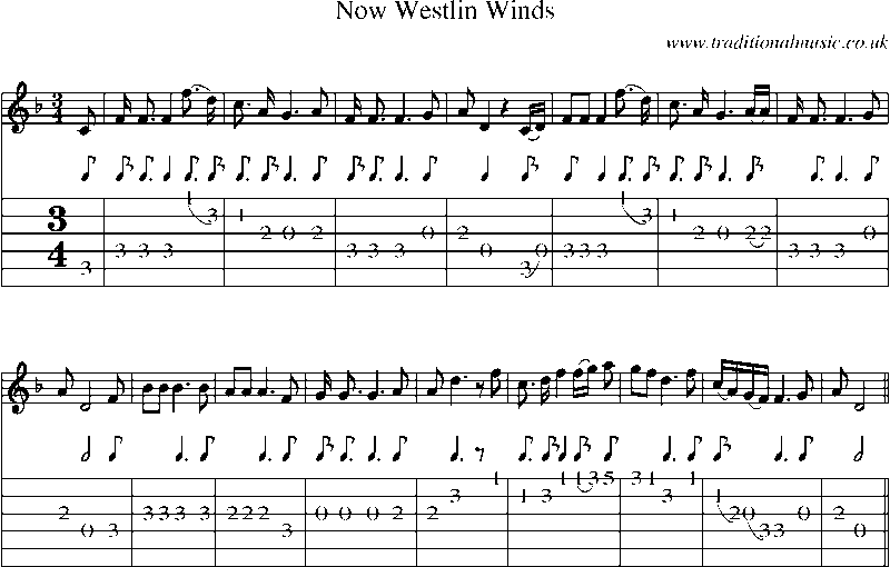 Guitar Tab and Sheet Music for Now Westlin Winds