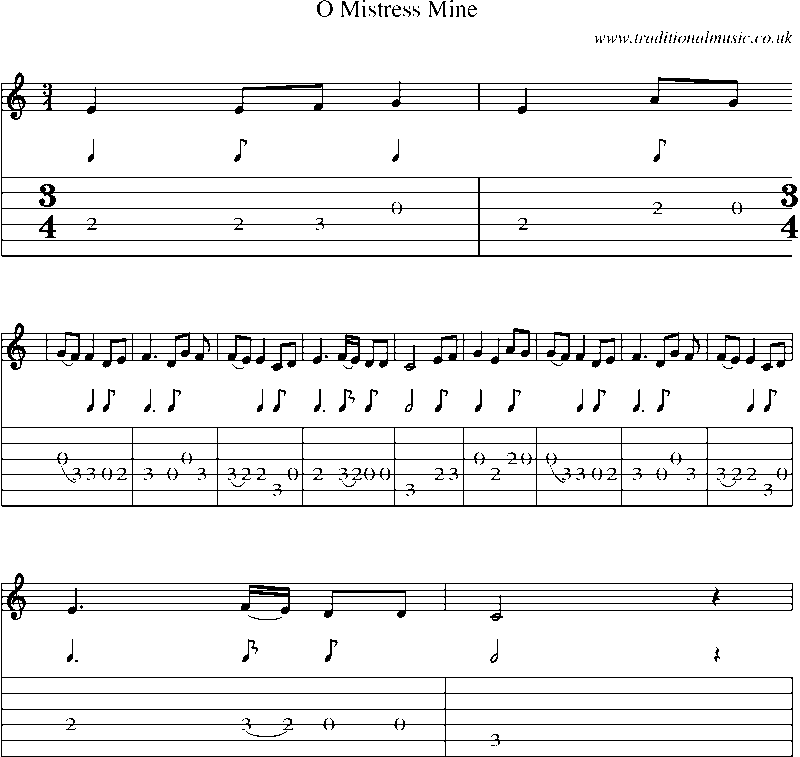 Guitar Tab and Sheet Music for O Mistress Mine(1)