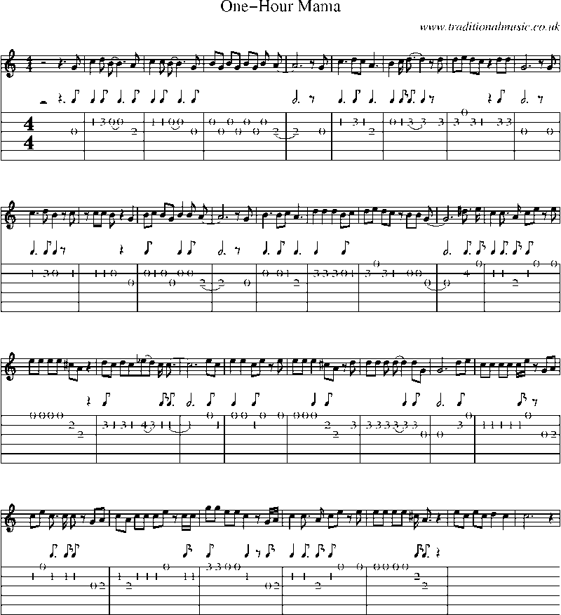 Guitar Tab and Sheet Music for One-hour Mama