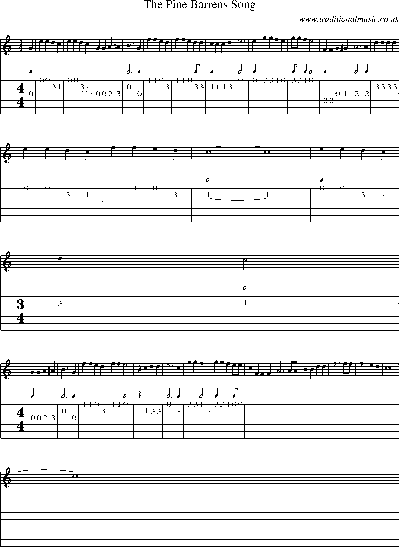 Guitar Tab and Sheet Music for The Pine Barrens Song