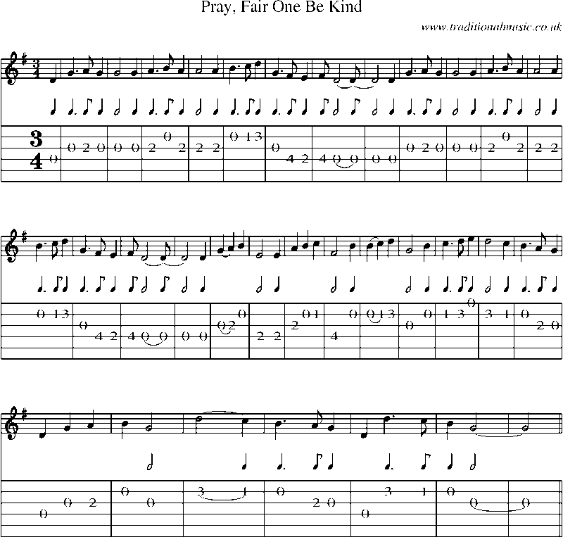 Guitar Tab and Sheet Music for Pray, Fair One Be Kind