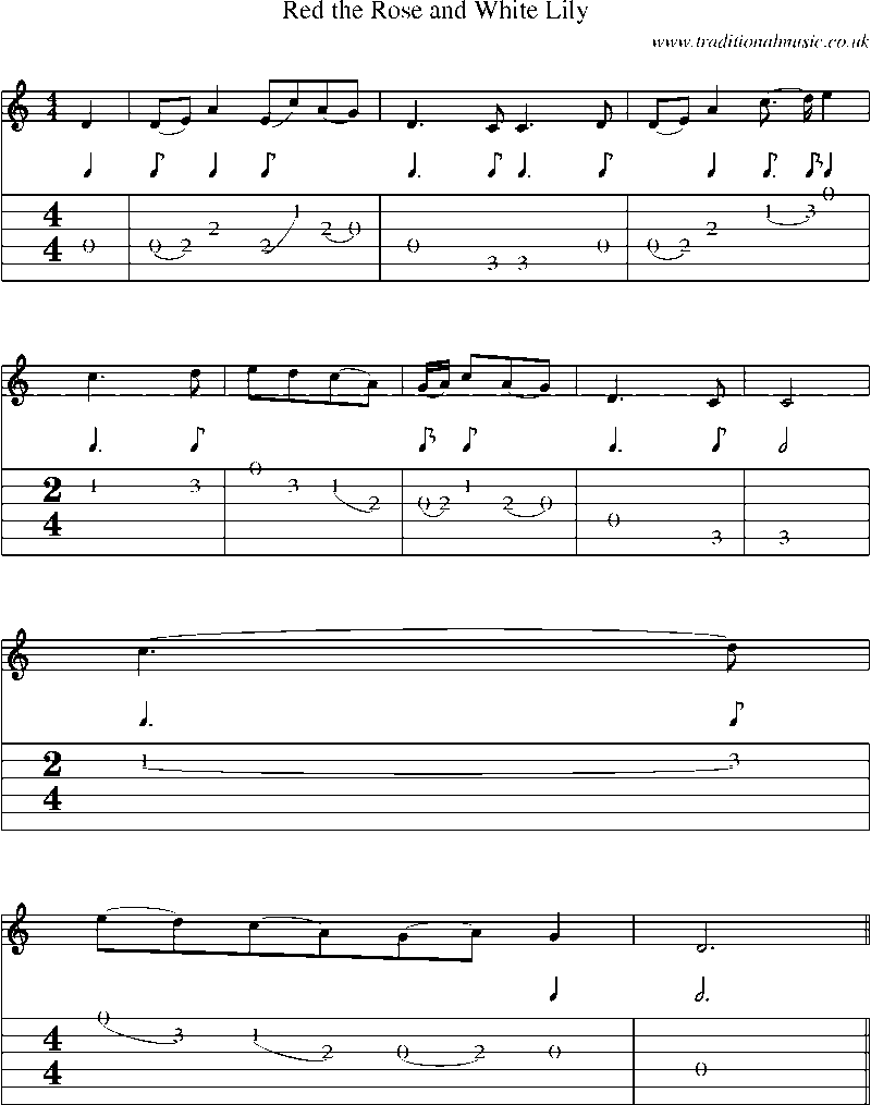 Guitar Tab and Sheet Music for Red The Rose And White Lily