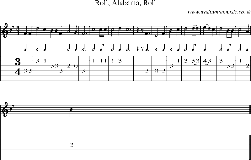 Guitar Tab and Sheet Music for Roll, Alabama, Roll