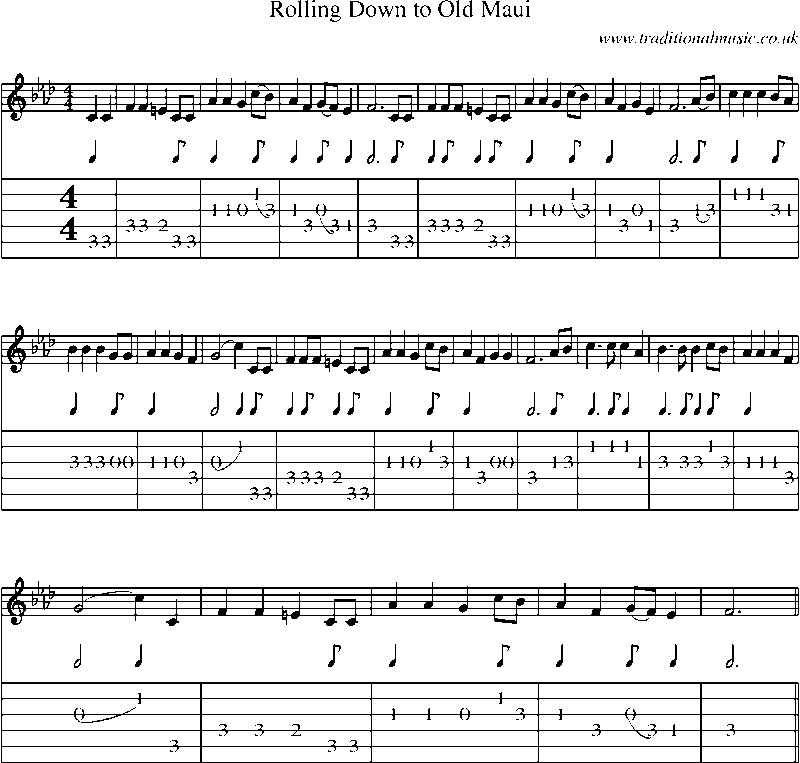 Guitar Tab and Sheet Music for Rolling Down To Old Maui