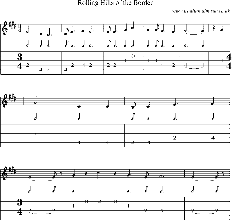Guitar Tab and Sheet Music for Rolling Hills Of The Border