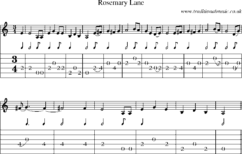 Guitar Tab and Sheet Music for Rosemary Lane