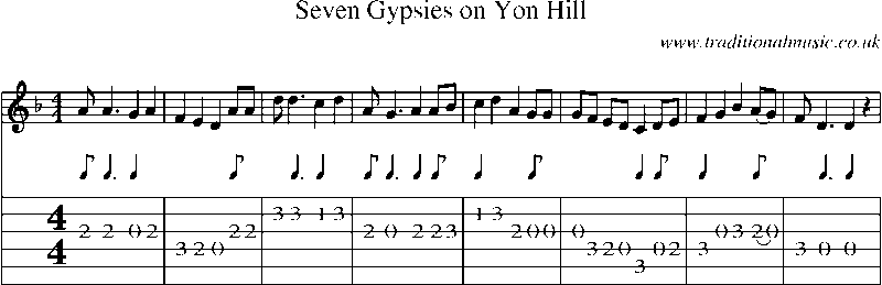 Guitar Tab and Sheet Music for Seven Gypsies On Yon Hill