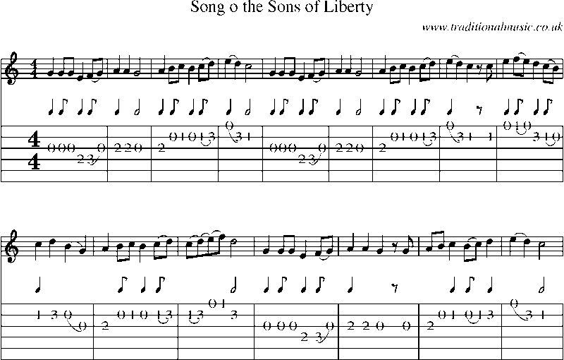 Guitar Tab and Sheet Music for Song O The Sons Of Liberty