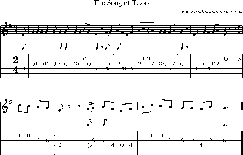 Guitar Tab and Sheet Music for The Song Of Texas