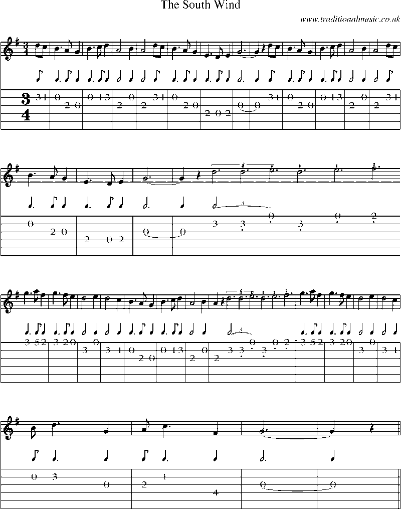 Guitar Tab and Sheet Music for The South Wind