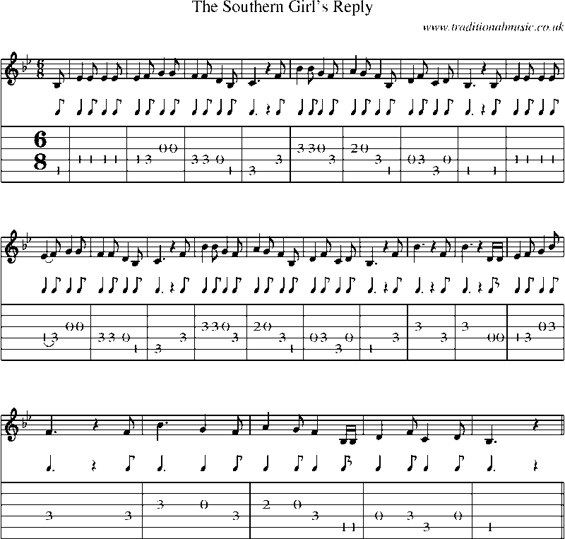 Guitar Tab and Sheet Music for The Southern Girl's Reply