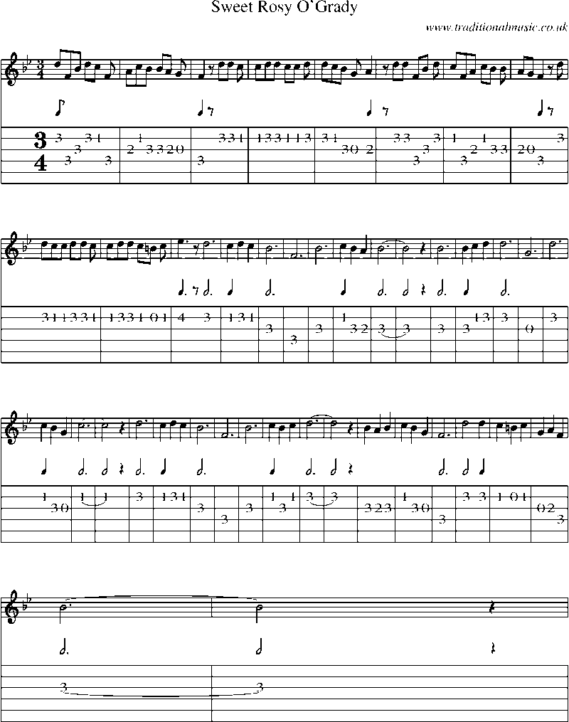 Guitar Tab and Sheet Music for Sweet Rosy O'grady