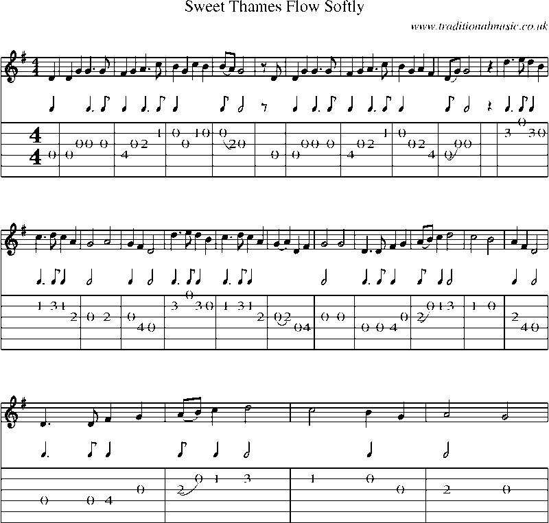 Guitar Tab and Sheet Music for Sweet Thames Flow Softly