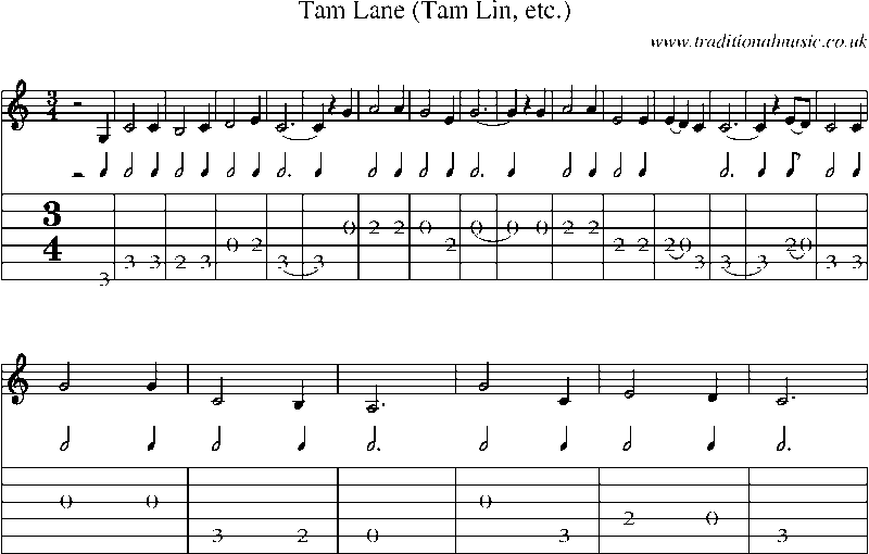 Guitar Tab and Sheet Music for Tam Lane (tam Lin, Etc.)