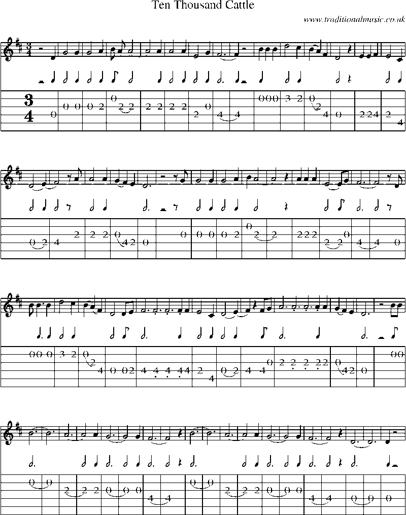 Guitar Tab and Sheet Music for Ten Thousand Cattle(1)