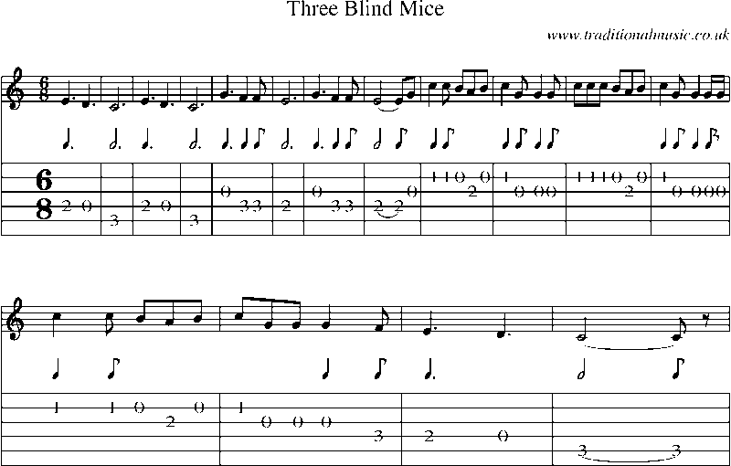 Guitar Tab and Sheet Music for Three Blind Mice