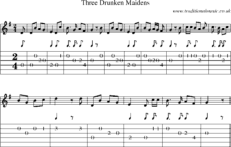 Guitar Tab and Sheet Music for Three Drunken Maidens