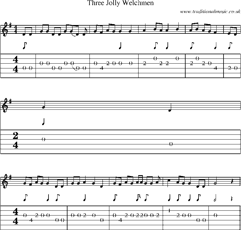 Guitar Tab and Sheet Music for Three Jolly Welchmen