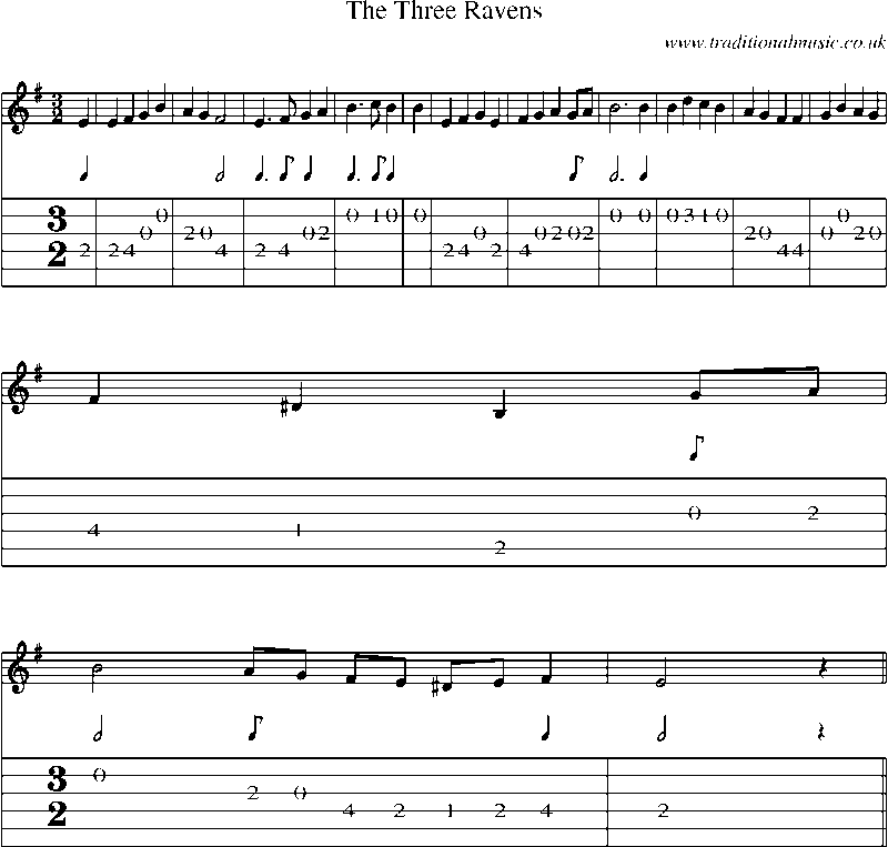 Guitar Tab and Sheet Music for The Three Ravens