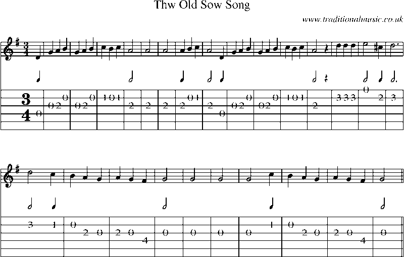 Guitar Tab and Sheet Music for Thw Old Sow Song