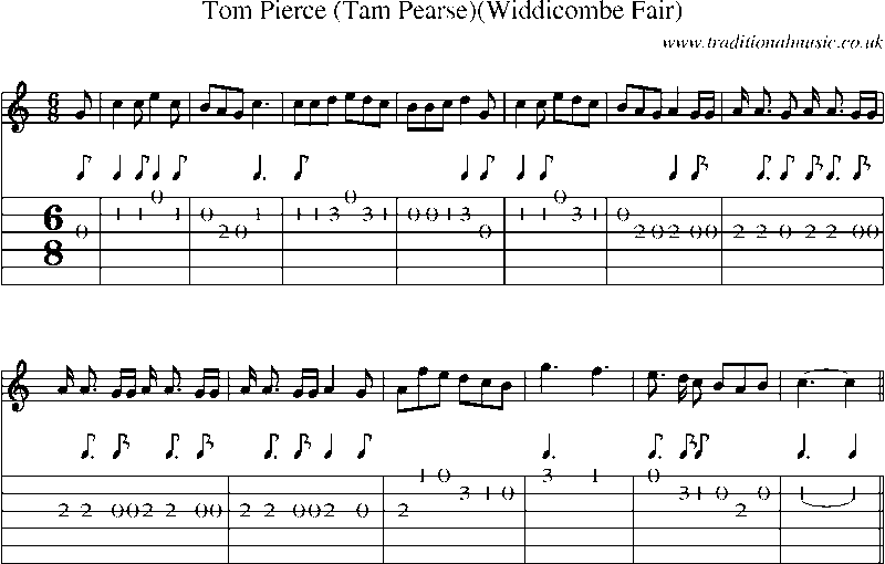 Guitar Tab and Sheet Music for Tom Pierce (tam Pearse)(widdicombe Fair)