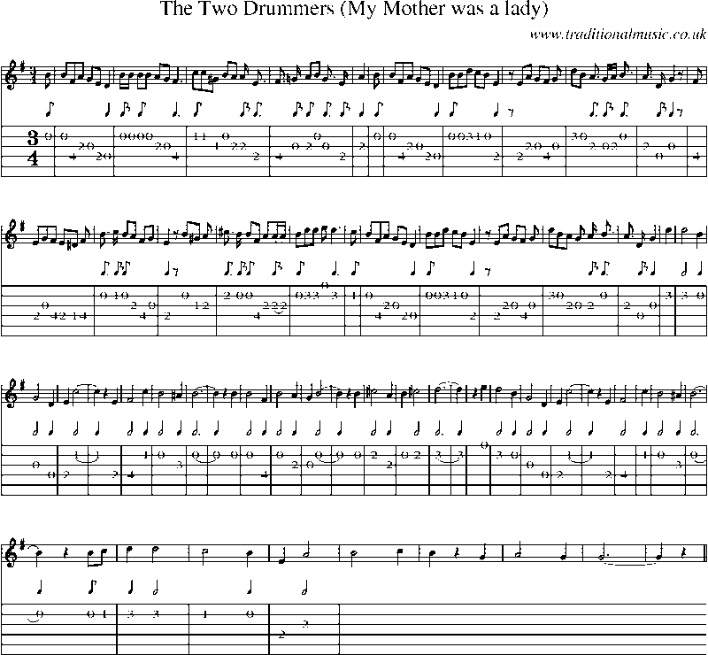 Guitar Tab and Sheet Music for The Two Drummers (my Mother Was A Lady)