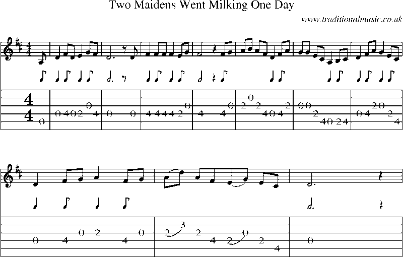 Guitar Tab and Sheet Music for Two Maidens Went Milking One Day