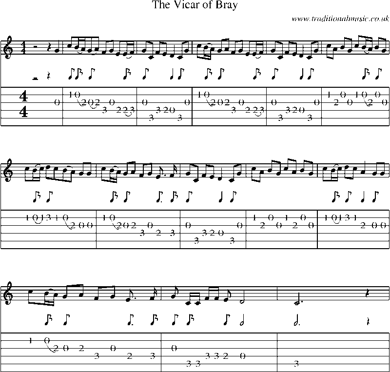 Guitar Tab and Sheet Music for The Vicar Of Bray