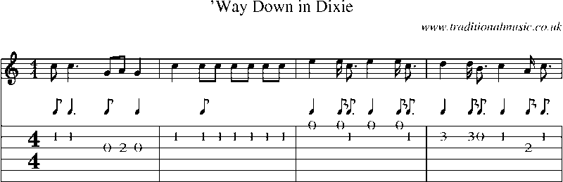 Guitar Tab and Sheet Music for Way Down In Dixie
