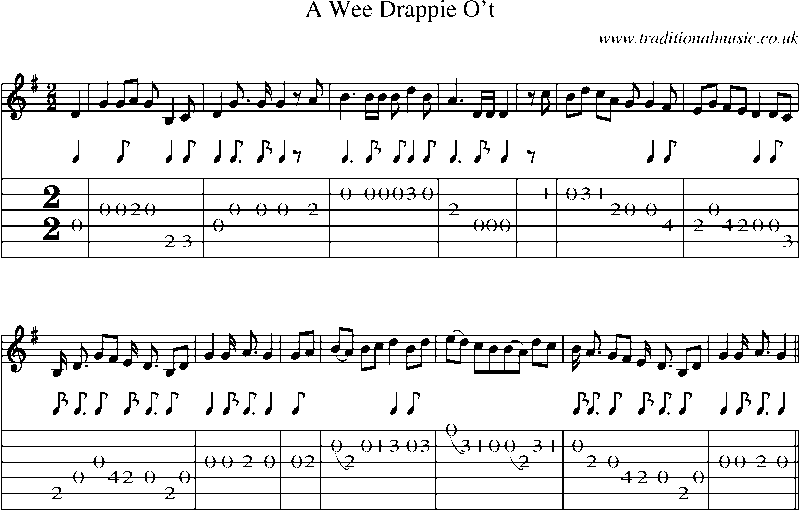 Guitar Tab and Sheet Music for A Wee Drappie O't