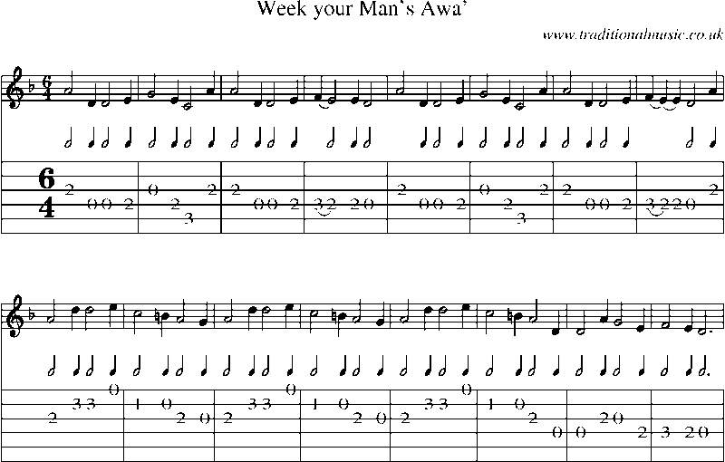 Guitar Tab and Sheet Music for Week Your Man's Awa'